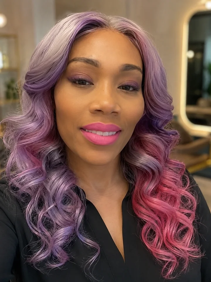 Elise wearing lavender and pink ombre curls